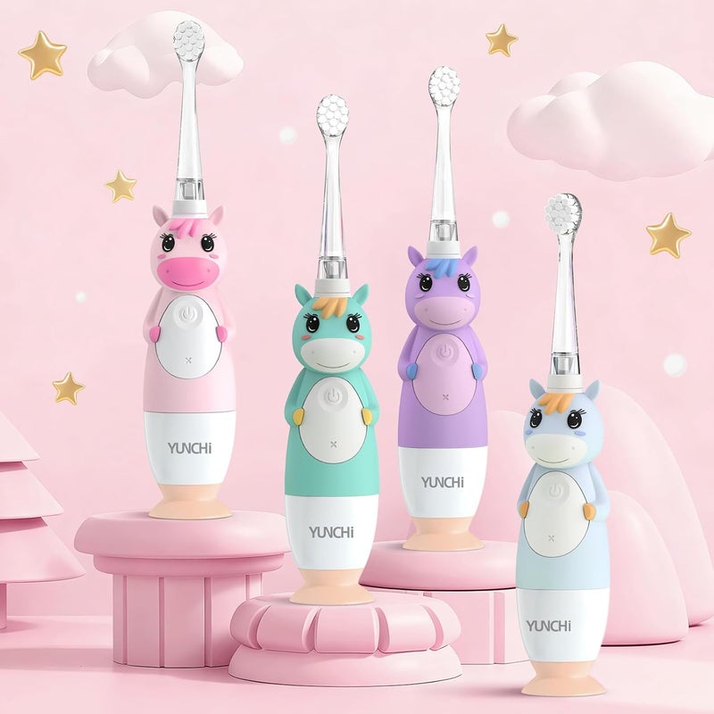 YUNCHI Toddler Electric Toothbrush Kids 0-3-6 Years, Baby Electric Toothbrush with Colorful LED Light, Battery Powered Toddler Toothbrush with 2 Minutes Timer 4 Brush Heads, Infant Toothbrush (Pink) - Image 2